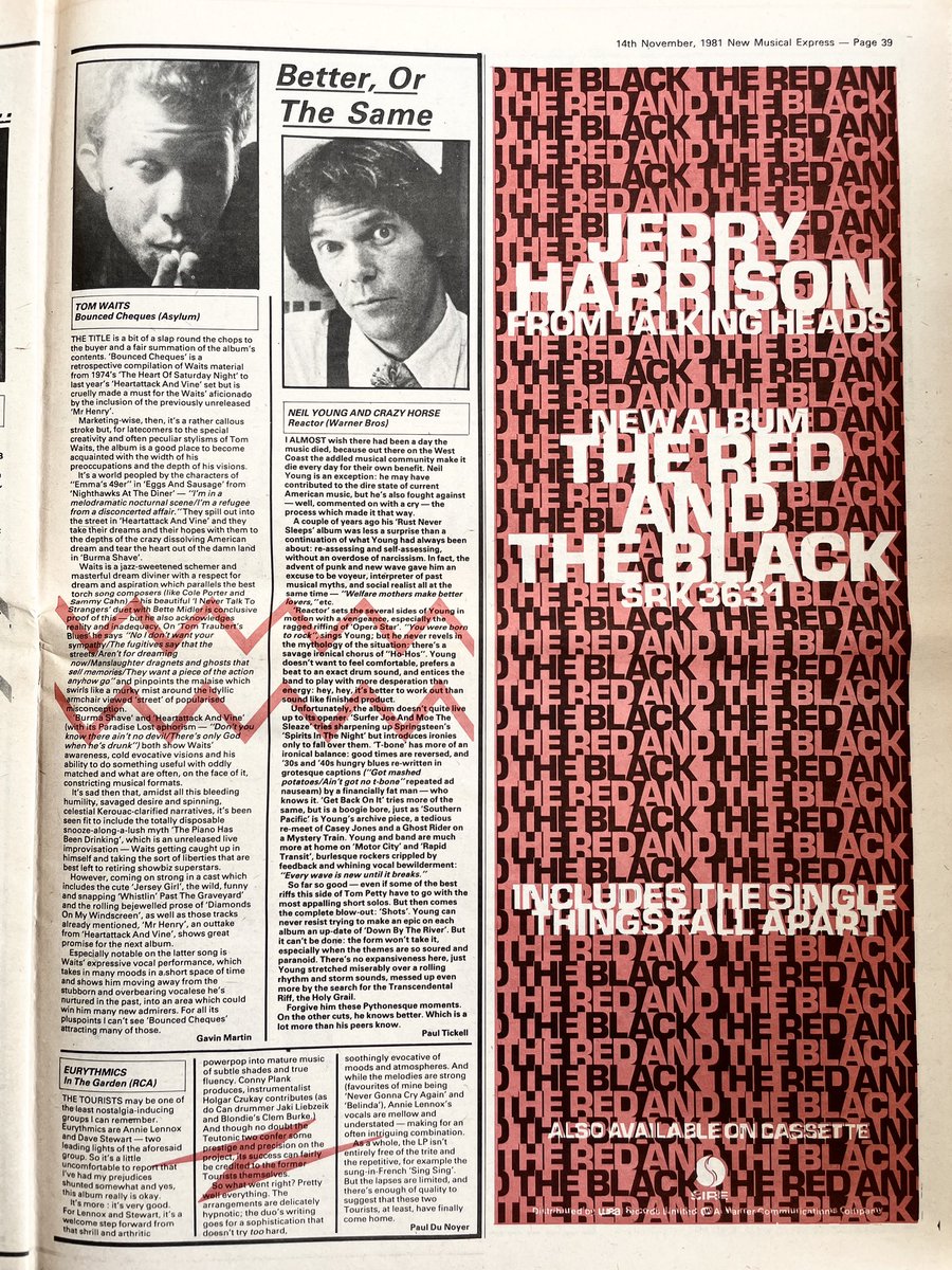 nme1980s's tweet photo. Neil Young &amp; Crazy Horse, Tom Waits, The Eurythmics.
LPs reviewed by Gavin Martin, Paul Tickell, Paul Du Noyer.
New Musical Express, 14 November 1981.
@NeilYoungNYA @ThrashersWheat https://t.co/xHH0qve3XH