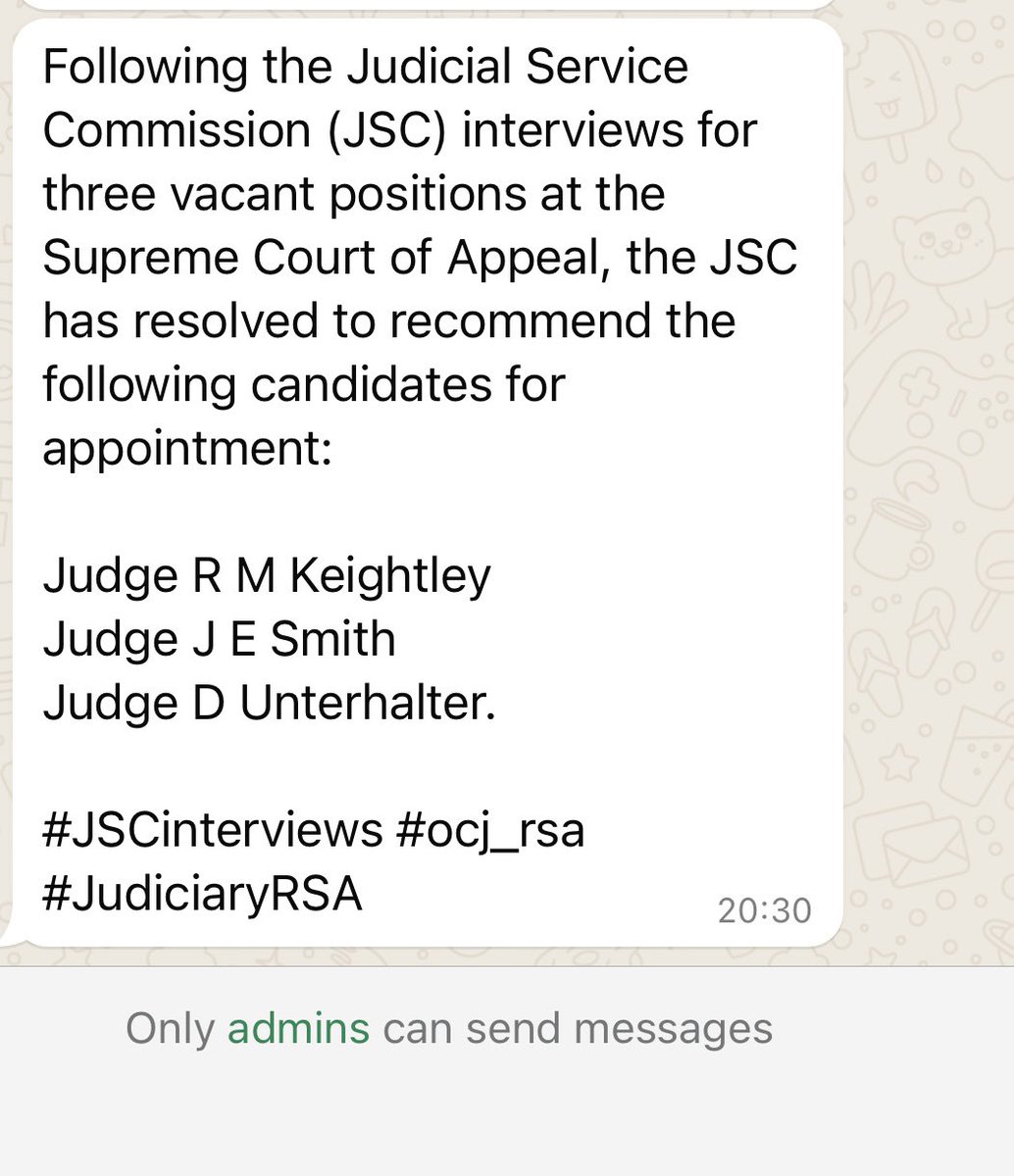 The JSC has resolved to recommend the following candidates for appointment to the Supreme Court of Appeal: 

Judge Raylene Keightley 
Judge John Smith 
Judge David Unterhalter 

#sabcnews