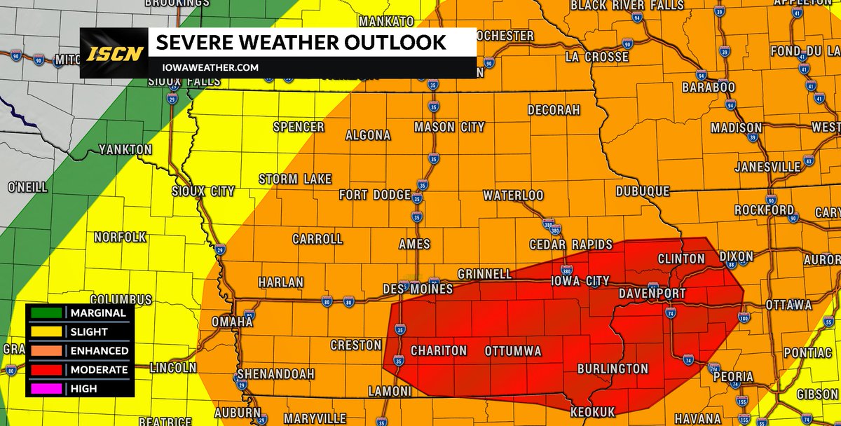 UPDATE: The Storm Prediction Center has issued a moderate risk for Tuesday afternoon east of I-35 to primarily south of I-80. This is due to a high damaging wind threat with gusts over 75-mph, but tornadoes (some strong) are also possible within this area too. #iawx