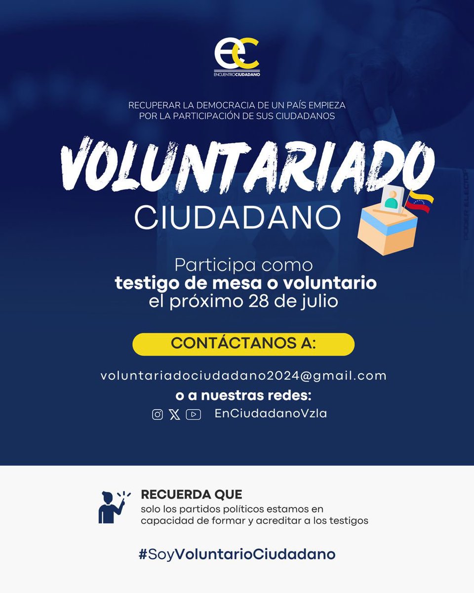Delsa Solorzano (@delsasolorzano) on Twitter photo #ATENCIÓN Este 28 de julio, Venezuela nos necesita a todos. Si quieres ser testigo de mesa o voluntario en cualquiera de las áreas en las que vamos a necesitar apoyo para la elección presidencial, escríbenos a voluntariadociudadano2024@gmail.com, o contáctanos por nuestras redes #ATENCIÓN Este 28 de julio, Venezuela nos necesita a todos. Si quieres ser testigo de mesa o voluntario en cualquiera de las áreas en las que vamos a necesitar apoyo para la elección presidencial, escríbenos a voluntariadociudadano2024@gmail.com, o contáctanos por nuestras redes