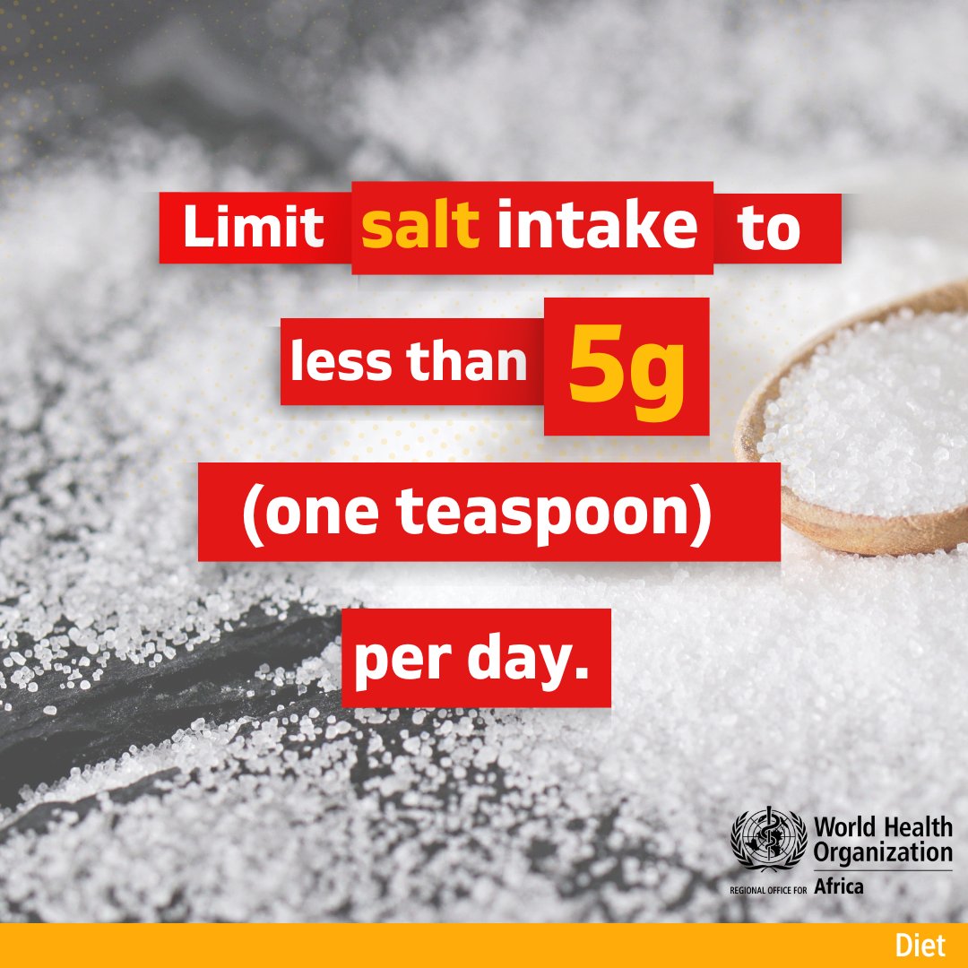 Adopt healthy eating habits and cut down on your #salt intake by: ✅ Limiting processed foods ✅ Flavouring foods with herbs instead of salt ✅ Checking food labels to choose options with low sodium Reducing salt can lower your risk of heart disease and stroke. #LetsBeatNCDs