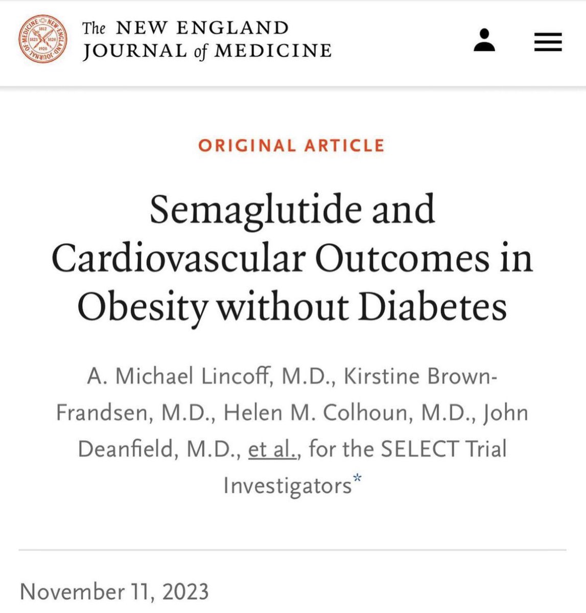 GLP1 agonism in obesity to reduce CV mortality? This trial showed reduced MI/stroke in prior CVD and high BMI, in the absence of diabetes. A practice-changing trial establishing obesity as a modifiable risk factor for CVD. SELECT Trial, NEJM 2023 ♥️