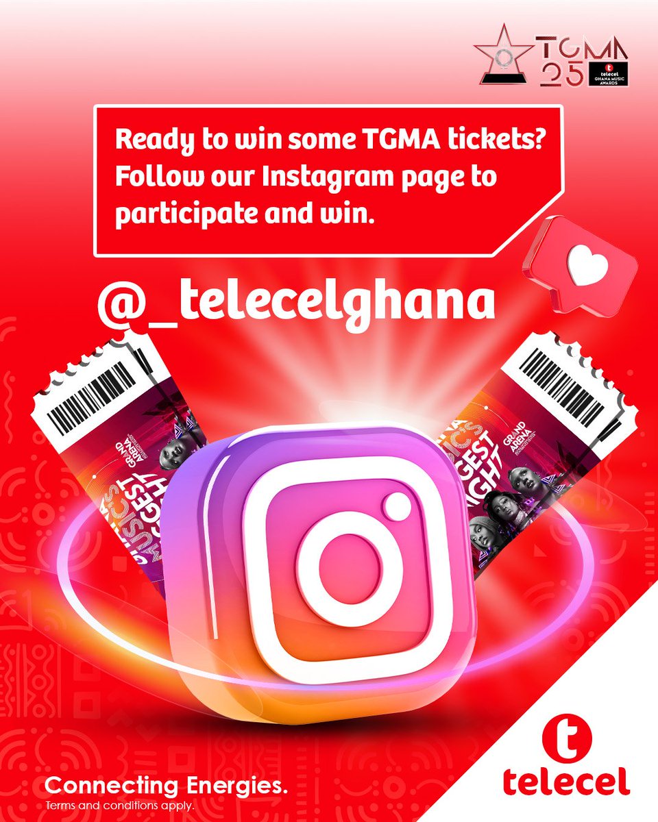 Good news! Get tickets to the 25thTGMA. What to do: Follow our Instagram page @_telecelghana and partake in our engagement. You can stand a chance of winning. PS: Valid to Telecel customers in Accra only. #Telecel #ConnectingEnergies #25thTGMA
