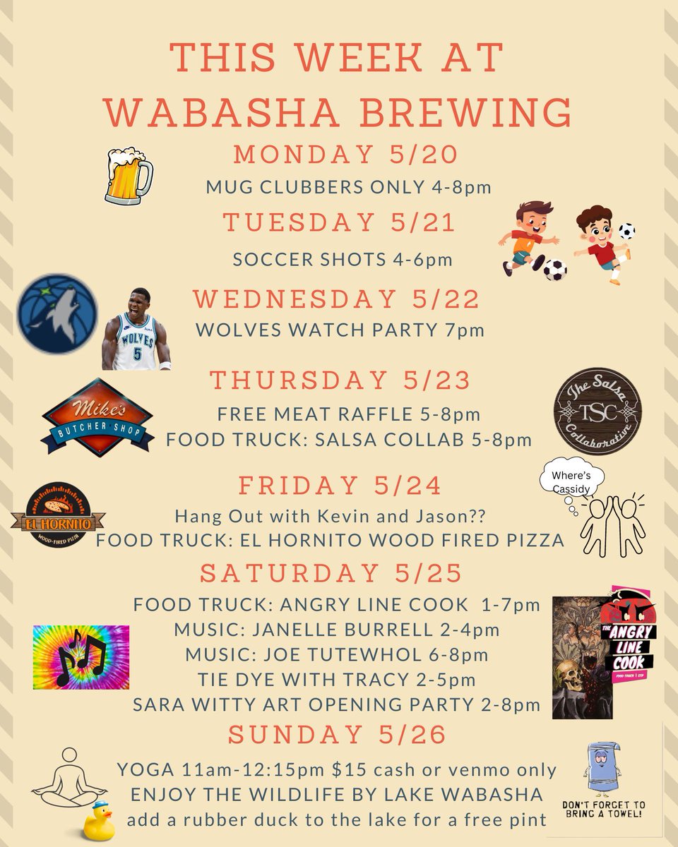 This week at Wabasha! 🍻 
Mug club only night tonight! Wolves watch party, and a Music filled Saturday. Lots of fun happing, and good beer to go around! Cheers! 

Let’s go Wolves!!!

#mnbeer #beer #craftbeer #drinkcraft #drinklocal #brewery #visitsaintpaul