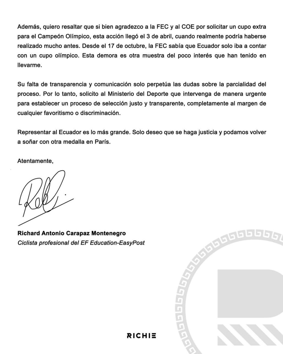 #Ecuador mag maar één wegrenner naar OS Parijs sturen: Jhonatan Narváez of regerend Olympisch kampioen Richard #Carapaz. Laatstgenoemde vindt de selectiecriteria oneerlijk én vindt dat de  Ecuadoraanse sportautoriteiten veel eerder om een tweede startplek hadden moeten vragen.