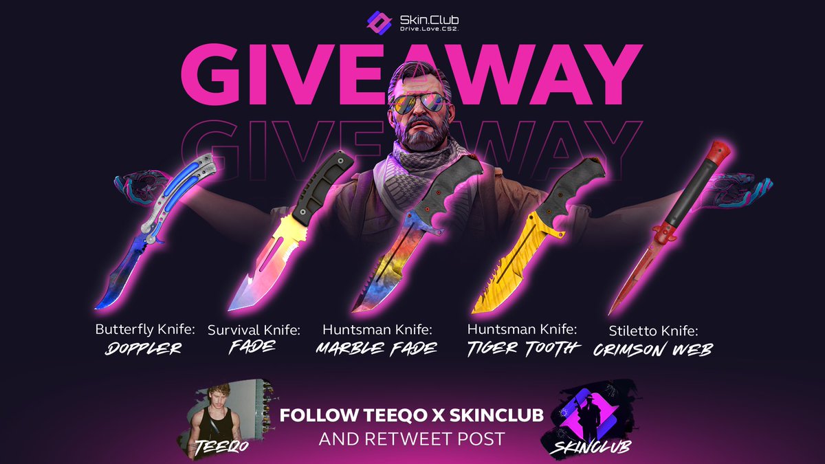 ⭐️ $5000 - 5 KNIFES = 5 WINNERS! 

To enter:
- Like &amp; Retweet 
- Follow <a href="/Teeqo/">Teeqo</a> &amp; <a href="/skinclubmedia/">SKIN.CLUB</a> 
- Tag 1 friend

Winners picked May 31st!