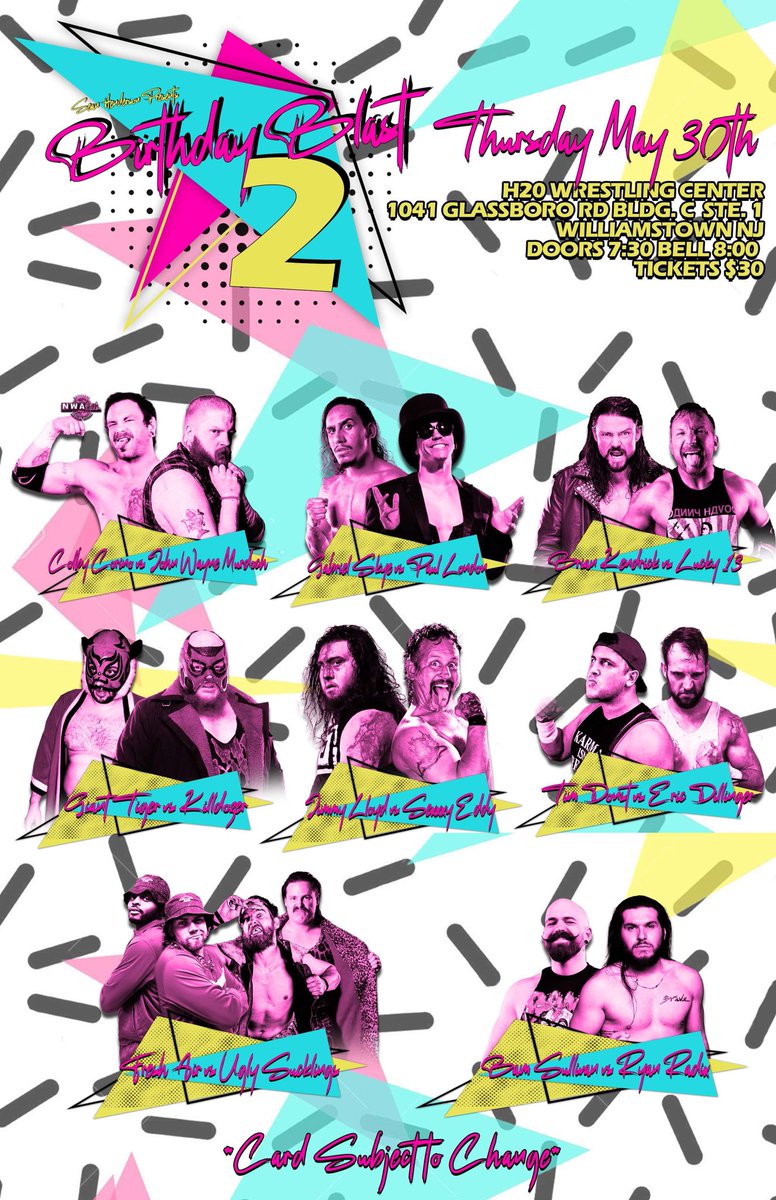 10 DAYS AWAY! SHP Birthday Blast 2 on Thursday May 30th in Williamstown NJ! Corino/@TheDukeJWM London/Skye Kendrick/Lucky Lloyd/Eddy & More! Tix $30 Doors @ 7:30pm Bell @ 8pm Thursday May 30th H2O Wrestling Center 1041 Glassboro Rd Williamstown NJ LIVE ON IWTV