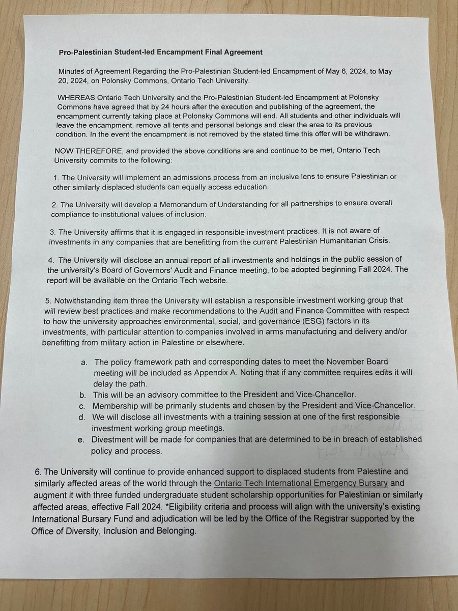 *A message from Ontario Tech University encampment* HELLO EVERYONE! We as the Pro-Palestinian Student-Led Encampment are pleased to announce that we are the first university in CANADA to reach an amicable agreement to both Disclose and Divest.