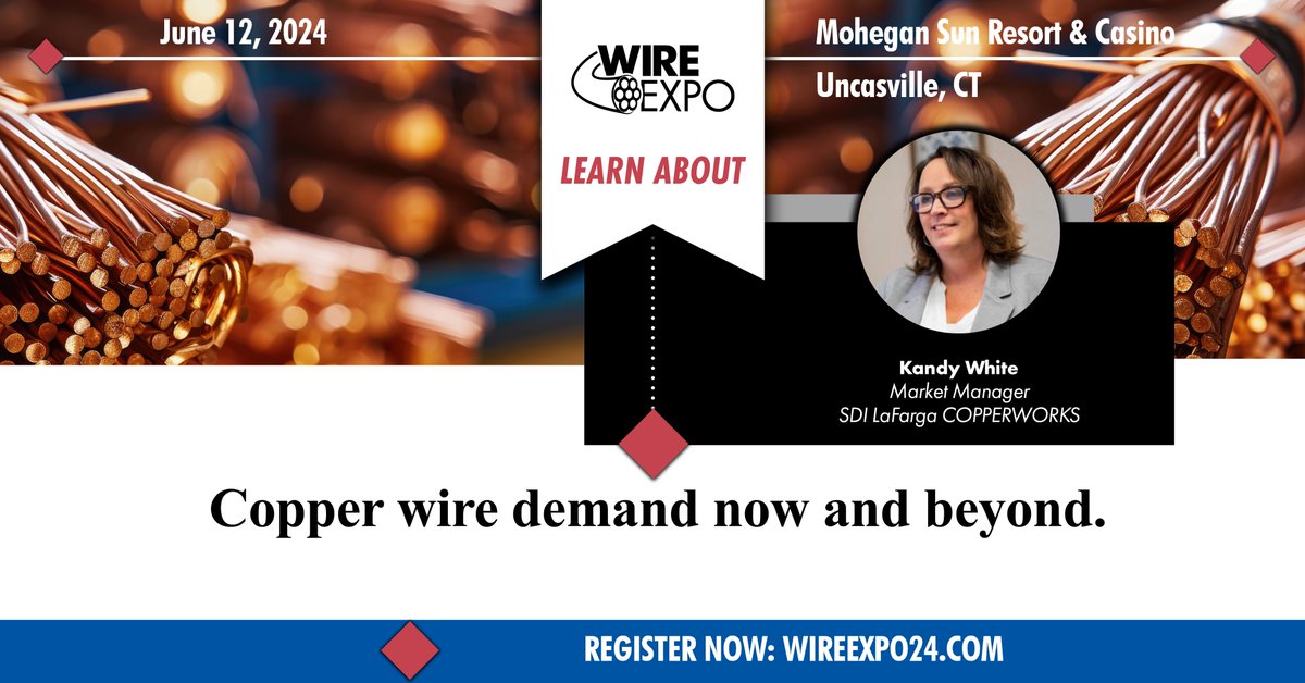 Join WAI at Wire Expo as Kandy White presents a data-driven overview of the current copper wire rod market conditions and an analysis of several future-state scenarios. Register now: wireexpo24.com/general-info/r…