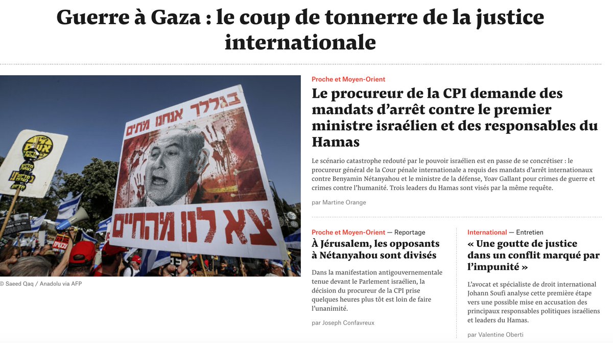 ÉDITION SPÉCIALE Le procureur de la @CourPenaleInt demande des mandats d'arrêt contre le premier ministre et le ministre de la défense d'Israël et contre trois dirigeants du Hamas. @Mediapart salue cet événement sans précédent avec l'analyse de @jsoufi. 👉mediapart.fr