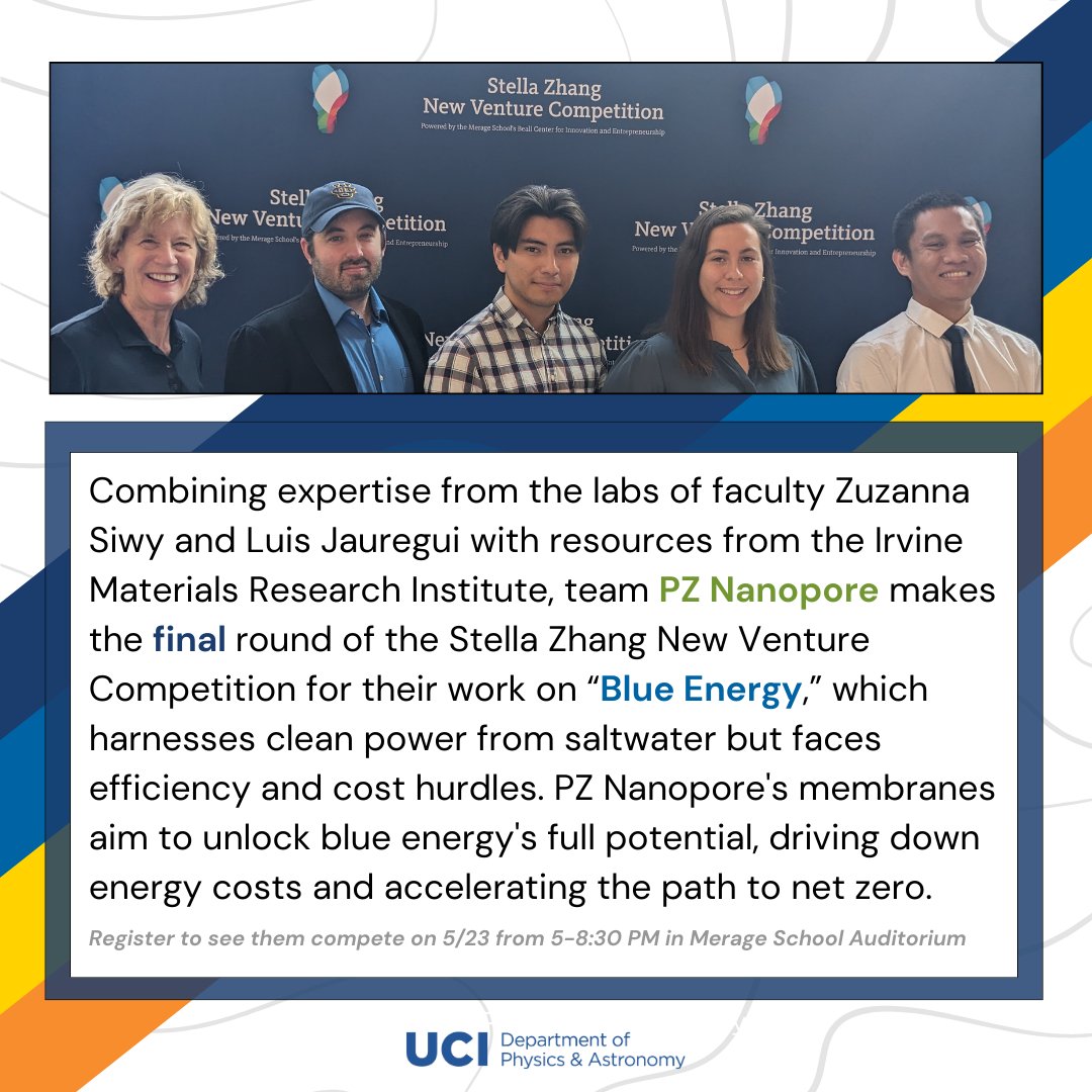 UCI Physics & Astro (@uciphysastro) on Twitter photo Congratulations PZ Nanopore, comprised of students from the labs of Professors Siwy and Jauregui, for making it to the finals of the Stella Zhang New Venture Competition for their work on Blue Energy!
@UCI_Beall #sznvc24finale #finalist #uci #ucimerage #nvc <a href="/UCIPhysSci/">UC Irvine School of Physical Sciences</a> <a href="/UCIrvine/">UC Irvine</a> Congratulations PZ Nanopore, comprised of students from the labs of Professors Siwy and Jauregui, for making it to the finals of the Stella Zhang New Venture Competition for their work on Blue Energy!
@UCI_Beall #sznvc24finale #finalist #uci #ucimerage #nvc <a href="/UCIPhysSci/">UC Irvine School of Physical Sciences</a> <a href="/UCIrvine/">UC Irvine</a>