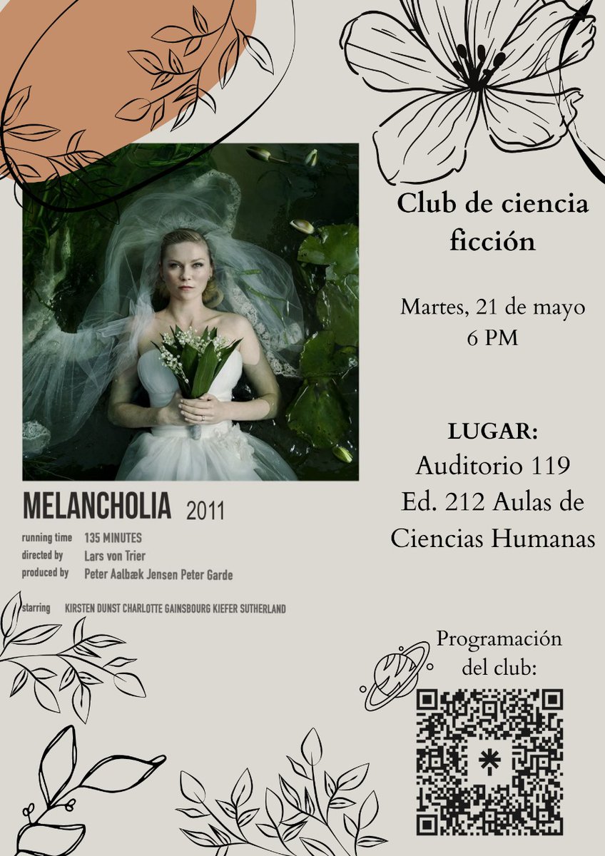 Un planeta errante, Melancolía, apareció detrás del sol y su impacto con la tierra es inminente. Dos hermanas lidian con el final del mundo desde perspectivas muy diferentes. 
Nuestro club no se detiene, acompáñenos mañana martes a ver esta película dirigida por Lars Von Trier 🌎