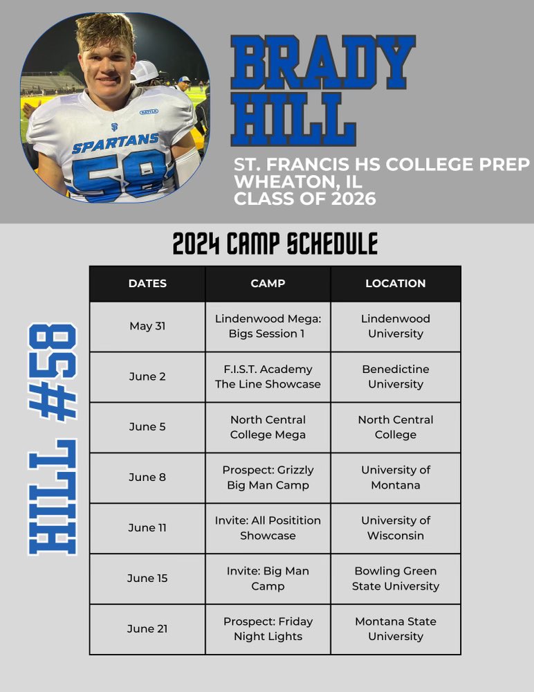 Here’s my 2024 summer camp schedule. Excited to compete! @SFHSFBWheaton @CoachMac44 @EDGYTIM @PrepRedzone @PrepRedzoneIL @OJW_Scouting @hddngemscouting @CoachSaboFIST @DeepDishFB @FISTFootball @HSFBscout @LemmingReport @MJ_NFLDraft