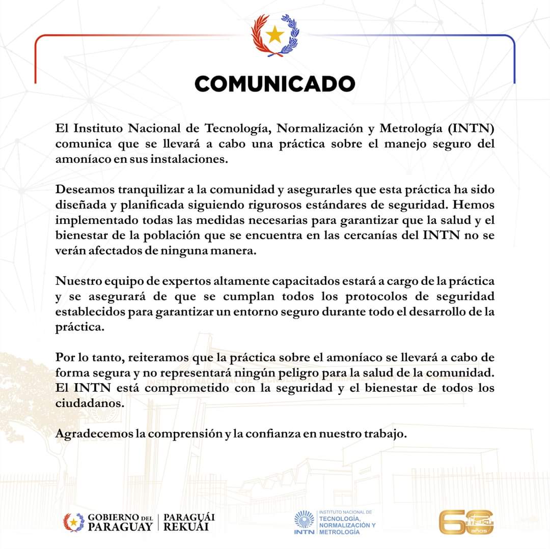 IntnParaguay's tweet photo. #IMPORTANTE | Ante la actividad prevista para el día de mañana, Jornada de Seguridad sobre el “Manejo de Amoníaco como refrigerante”, el INTN comunica lo siguiente: https://t.co/qWsNuSM1qM