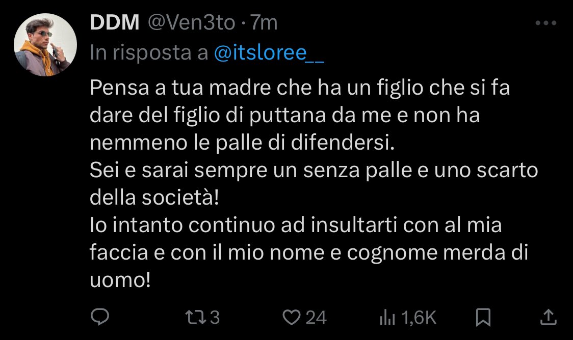 Misandric0's tweet photo. Lui pensa di avere le palle solo perché minaccia di corcare la gente e pensa di fare meno schifo quando da del figlio di puttana e insulta gli user solo perché lo fa con la sua faccia di merda con il suo nome di merda e il suo cognome di merda https://t.co/KYwJeh3oea