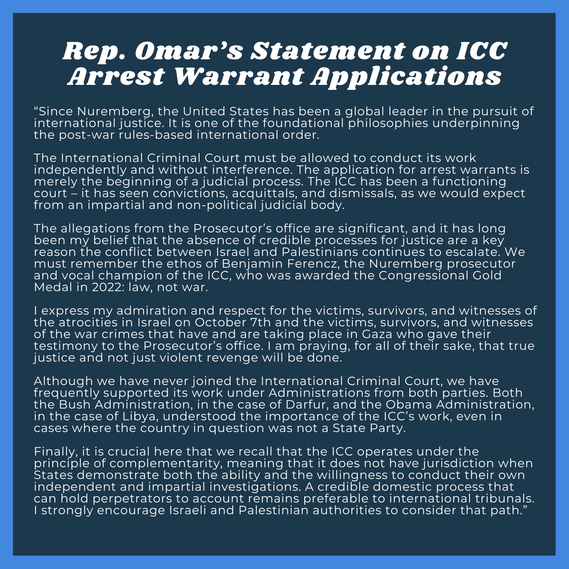 Rep. Ilhan Omar on X: &ldquo;Rep. Omar&rsquo;s Statement on ICC Arrest Warrant 