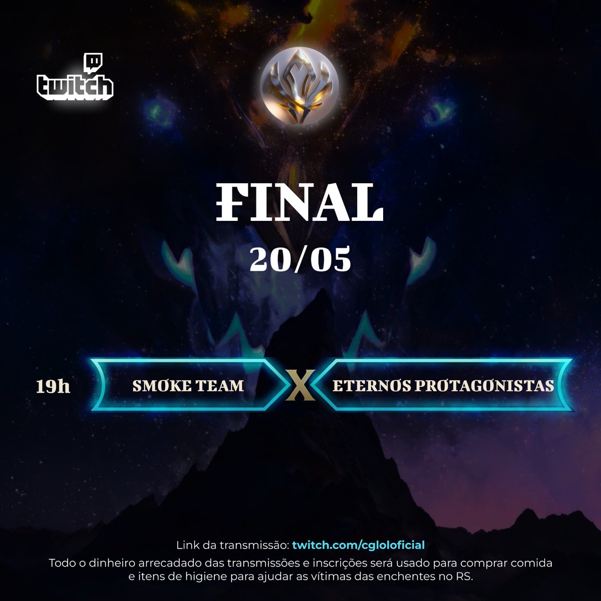 E hoje teremos a FINAL do CGLOL!

Às 19h, Eternos Protagonistas X Smoke Team diretamente no nosso canal na Twitch!

ESPERAMOS VOCÊS!
