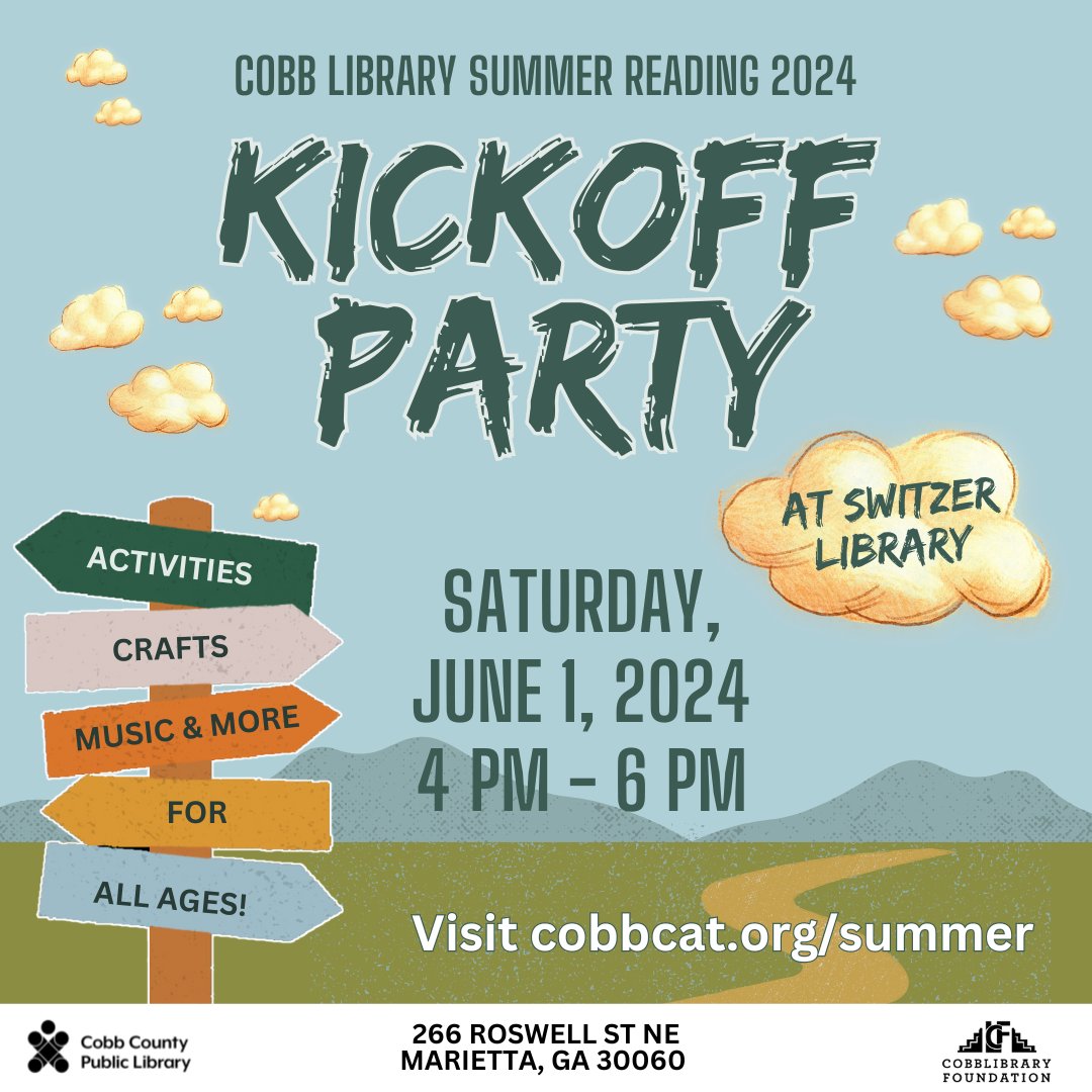 cobblibrary's tweet image. Mark your calendars! Our Summer Reading Kickoff Party for all ages is Saturday, June 1 from 4 pm - 6 pm at #SwitzerLibrary in Marietta. Join us for music, games, crafts, activities, and more! We&apos;ll be revealing our new mascot during the party as well 🐾