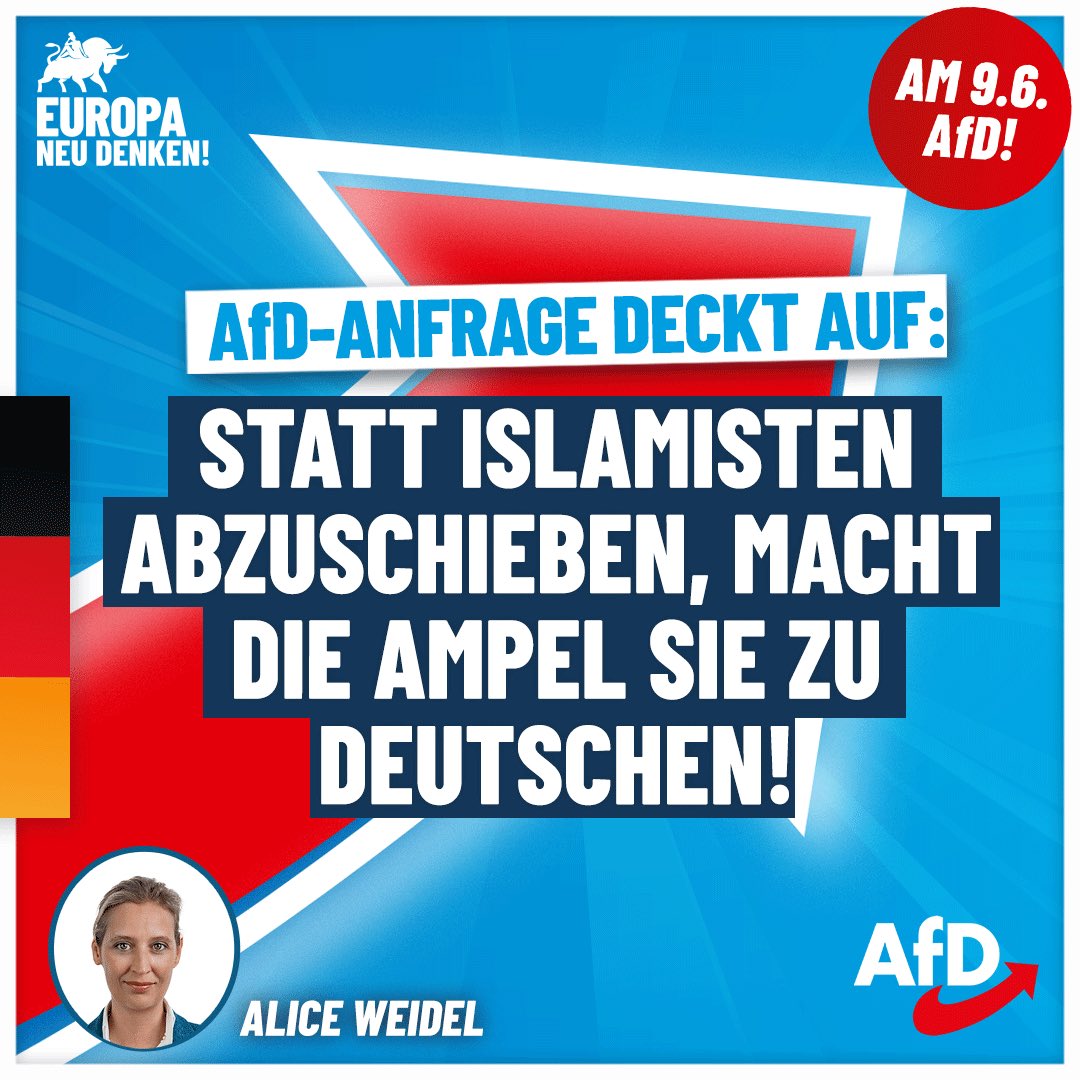 Ich finde sehr gut, dass die AfD sich dafür einsetzt, dass nur Menschen, die sich mit unserem Staat und unserer Kultur identifizieren und zum Wohlstand unseres Landes beitragen, einen deutschen Pass erhalten.
#Deutschlandabernormal  #AfDja
Europawahl am 9. Juni 2024 💙🇩🇪