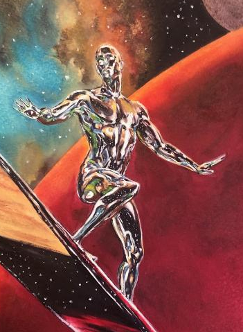 Riding the solar wave WIP s/b done today (partial view). Oil on illustration board. 
#oilpainting #art #illustration #silversurfer #comicart #marvel