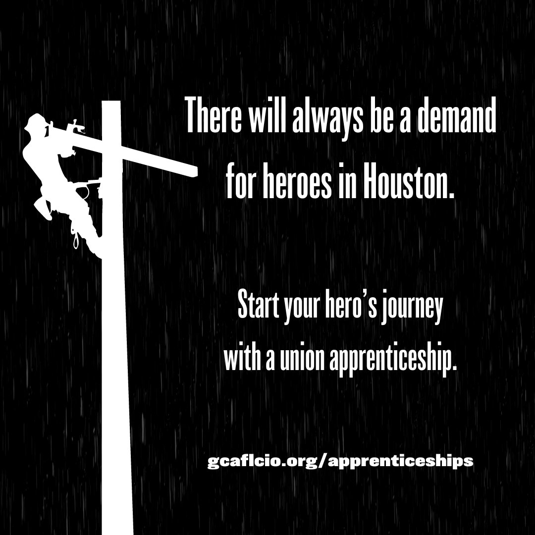 Houstonians: do you want to serve your city while making a good living? Start your hero's journey with a union apprenticeship! Learn more at gcaflcio.org/apprenticeships.