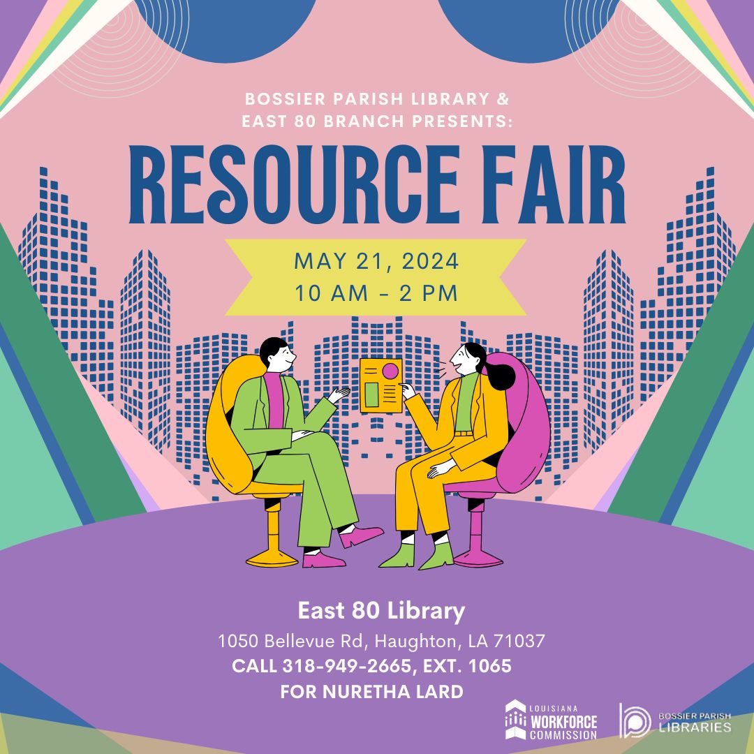 Tomorrow, join us as we host a #ResourceFair with @bossierlibrary from 10 AM - 2 PM. Explore the different resources to help you excel in your career. #LouisianaWorks #LAWorks