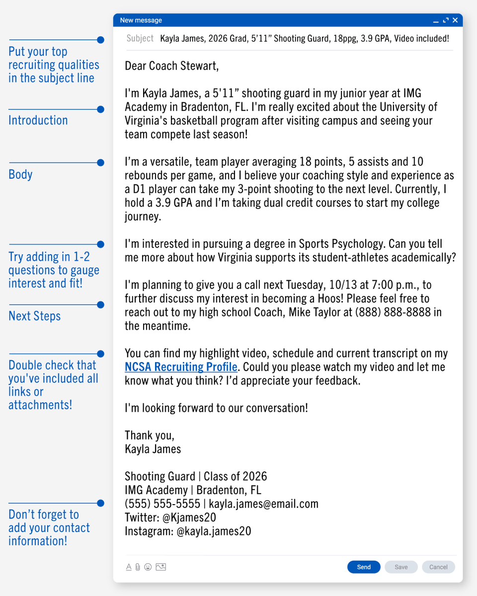 Need help getting started on an email to college coaches? Check out our handy template to understand what needs to be in your intro email to college coaches. To learn even more about emailing coaches, head here: bit.ly/3ylopda