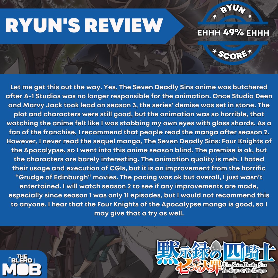 “This was a lackluster season and I’m a fan of The Seven Deadly Sins.” 💭 - Ryun

Check out Ryun’s rating of The Seven Deadly Sins: Four Knights of the Apocalypse!

Scroll Right to see Ryun’s score and review. Let us know if you agree or not!  🎥

#jointhemobnerds #anime #netflix