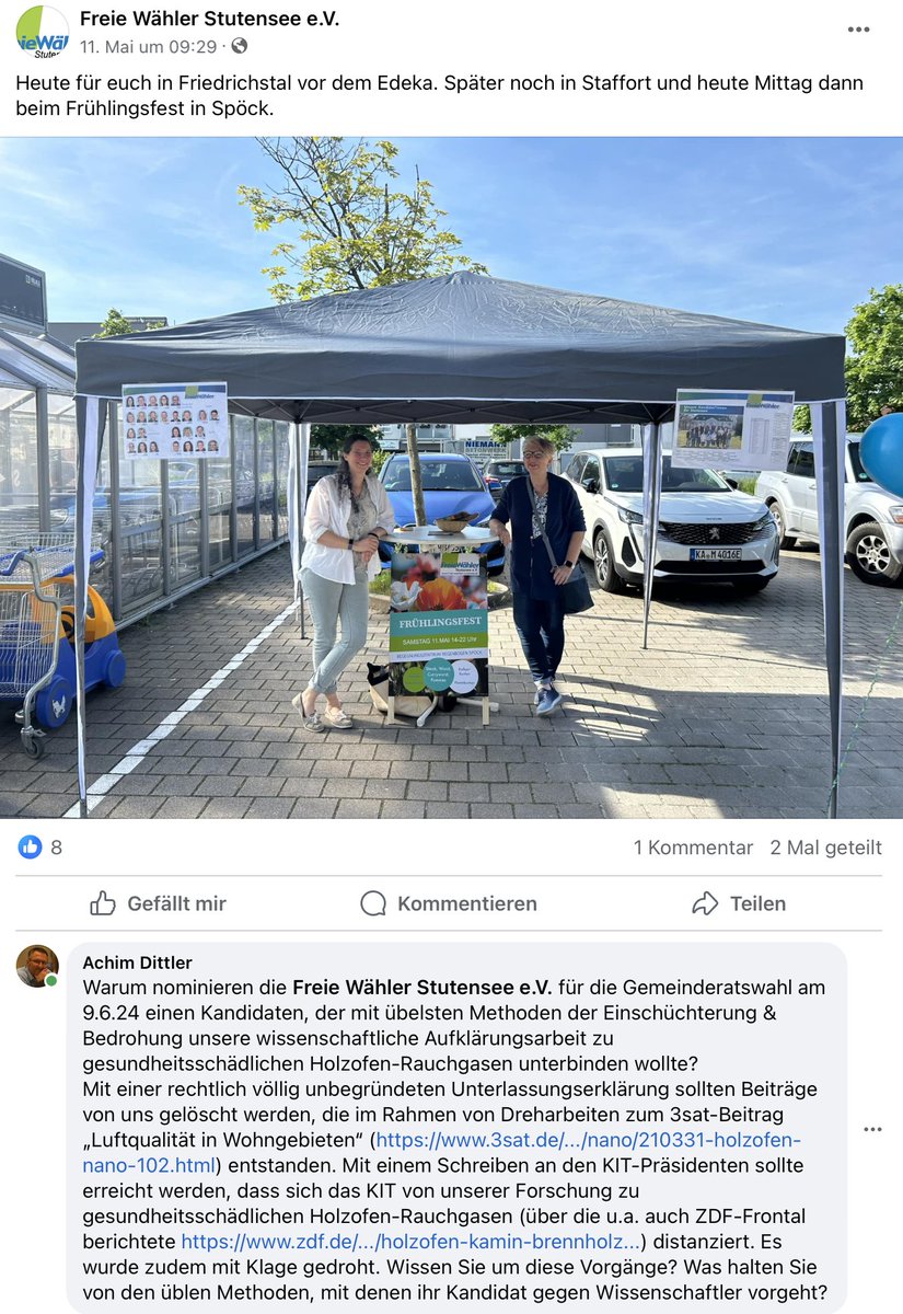 Man wartet drüben auf FB noch auf Antworten von #FreieWähler #Stutensee, die einen Kandidaten zur #Kommunalwahl2024 aufgestellt haben, der mit übelsten Methoden der Einschüchterung & Bedrohung unsere Forschung zu gesundheitsschädlichen Holzofen-Rauchgasen unterbinden wollte. 👇