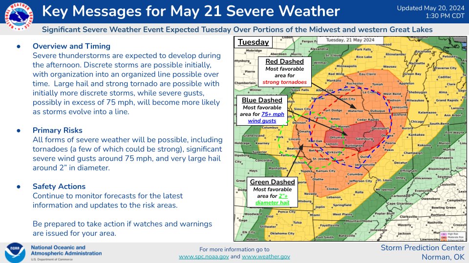 Severe thunderstorms are expected Tuesday afternoon and evening across parts of the Midwest. Large to very hail and strong tornado are possible with initially more discrete storms, while severe gusts, possibly in excess of 75 mph, will become more likely later in the evening.