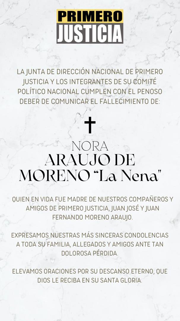 Expresamos nuestras más sinceras condolencias y acompañamiento a nuestros  amigos y compañeros <a href="/JJMorenoA/">Juan José Moreno A.</a> y @juanmorenopj por la lamentable partida de su señora madre. 

¡Nuestro abrazo extensivo a toda la familia!