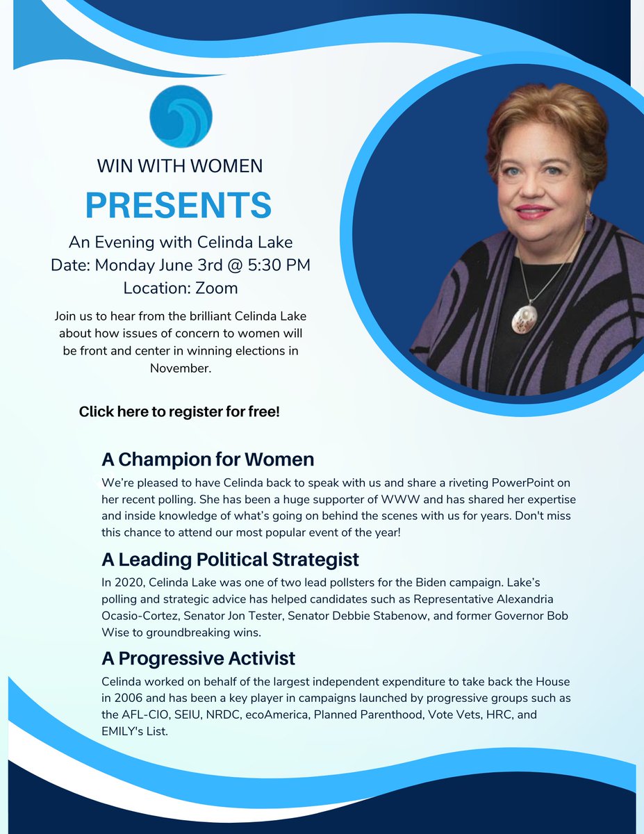 Looking forward to joining Win With Women PAC on June 3rd about the upcoming election. You can register using this link: winwithwomen.nationbuilder.com/celindalake2024