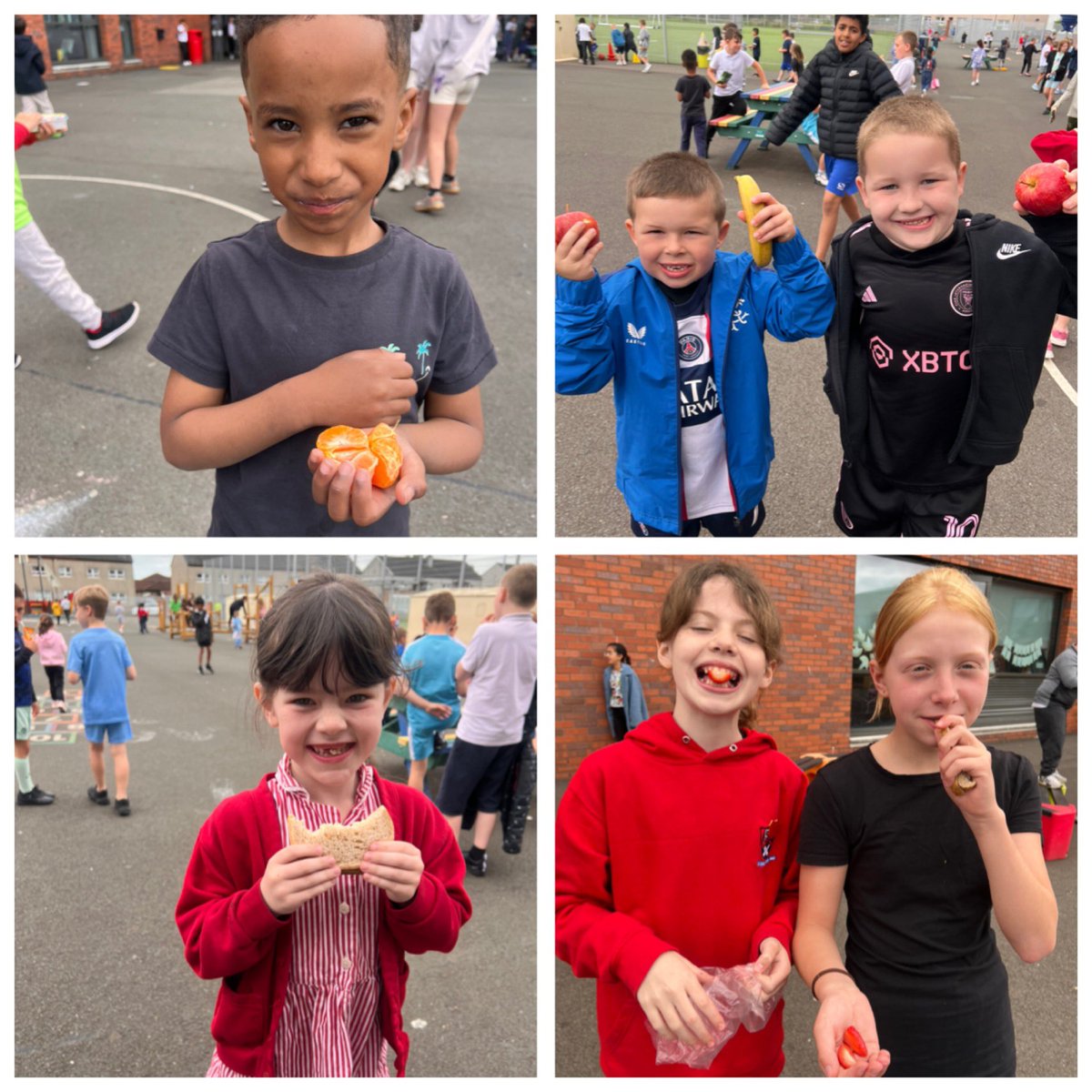 MissCEdu's tweet photo. Lots of smiling faces eating their healthy fruit and sandwich snacks provided by @GreggsOfficial Breakfast foundation during our Health Week. Every @ClydePrimary child is being offered a healthy breakfast based snack this week . #HealthyChoices #GreggsFoundation #ClydeHealthWeek https://t.co/PvTsZaYYsD