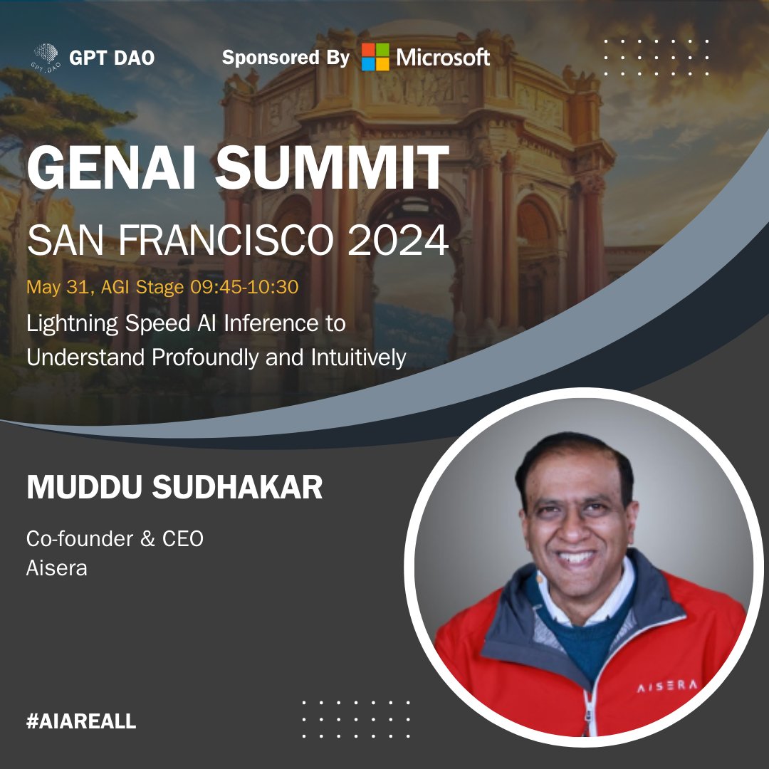 Meet Muddu Sudhakar <a href="/smuddu/">Muddu Sudhakar</a>, Co-founder &amp; CEO at <a href="/aisera_ai/">Aisera</a>, speaking at #GENAISummitSF2024 on "Lightning Speed #AI Inference to Understand Profoundly and Intuitively" 

More event info on genaisummit.ai. The clock is ticking. 

#artificialintelligence #airevolution