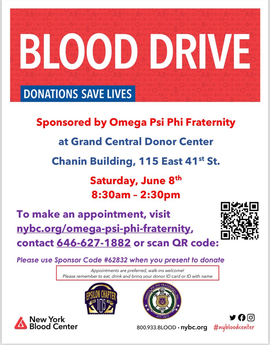 EpsilonQues's tweet photo. Join the brothers of Epsilon Chapter for our month long annual Charles R. Drew Blood Drive.

On Saturday, June 8, 2024, from 8:30am to 2:30pm Brothers from
the chapter will be giving blood at NYBC’s Grand Central Donor Center (115 E. 41st Street, The Chanin Building) https://t.co/NkqH7HXiYP