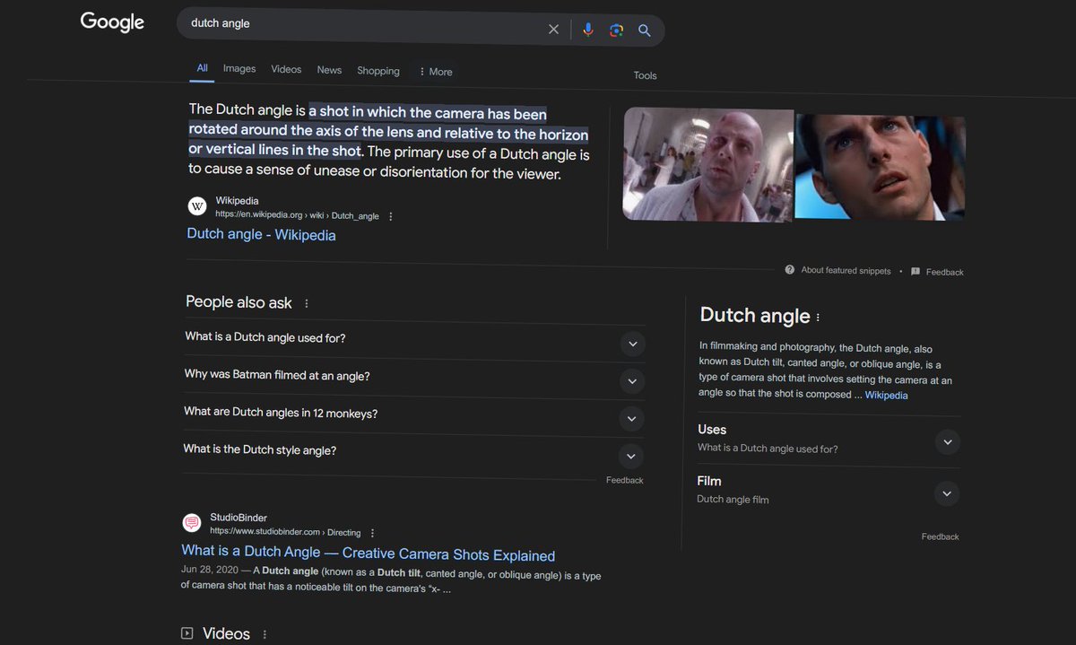 I was today years old when I found out that if you Google 'Dutch angle', it actually displays the entire results page on a tilt. Touché, @Google, you got me lmao.