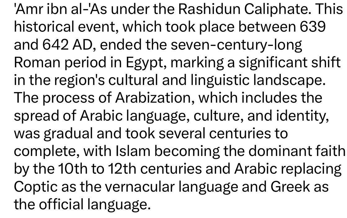 @FeddyWarbuck @orenbarsky That’s a lie. Arabic only gradually replaced Coptic as the main vernacular from the 10th to 12th century , centuries after the Arab conquest.