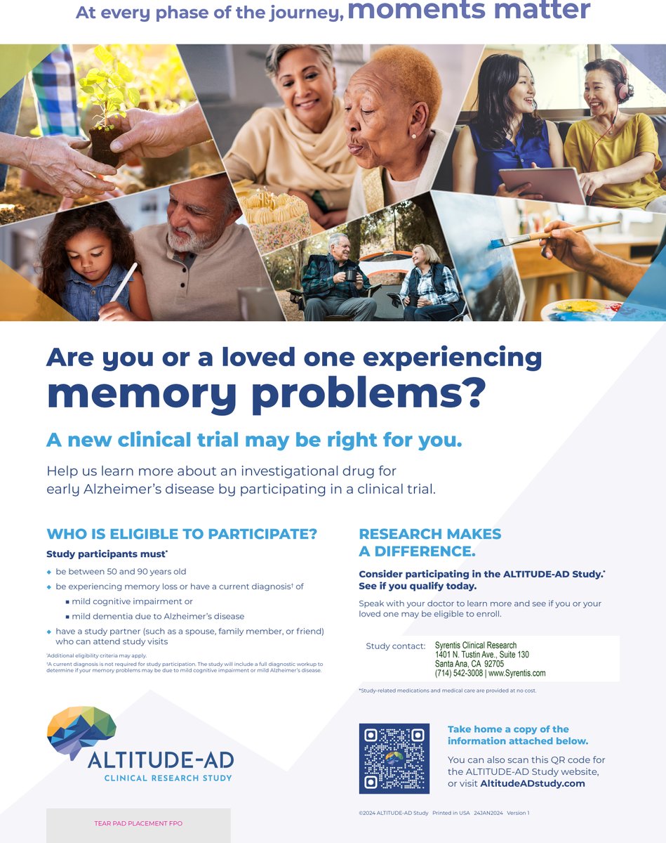 Are you or someone you love experiencing #memory loss? Learn more about an opportunity to participate in a clinical study.  Contact Syrentis Clinical Research today!  (800) NEW-STUDY | Syrentis.com #dementia #earlyalzheimers #AltitudeAD #SyrentisClinicalResearch