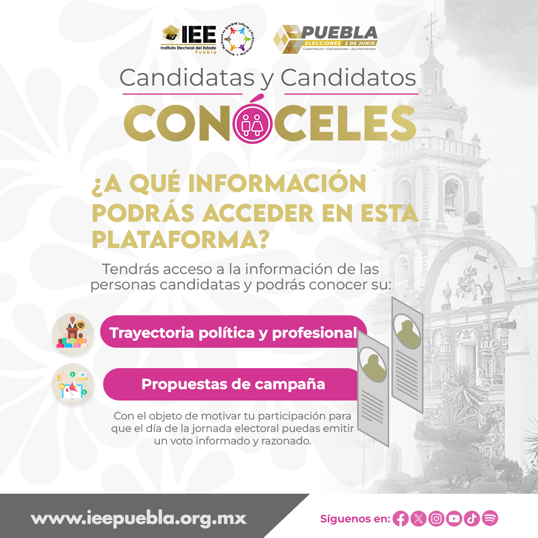 ¿Quieres saber más de las y los candidatos? En el sistema “#Conóceles”, el @Puebla_IEE pone a disposición de la ciudadanía la trayectoria política, profesional y las propuestas de campaña de todas las candidaturas #EleccionesPuebla2024 🗳️ Conoce más en 🔗 ieepuebla.org.mx/categoria.php?…