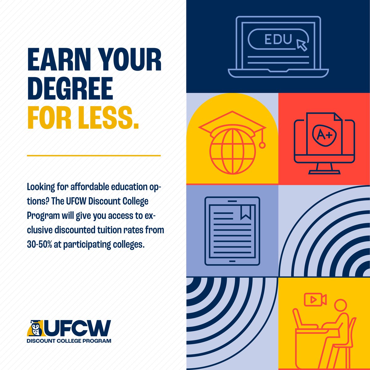 Great news for UFCW members & families! The UFCW Discount College Program is now LIVE! Choose from a diverse selection of participating colleges w/ heavily discounted tuition rates & degree programs ranging from associate to master’s.  Get started now: ufcw.org/ufcw-discount-…