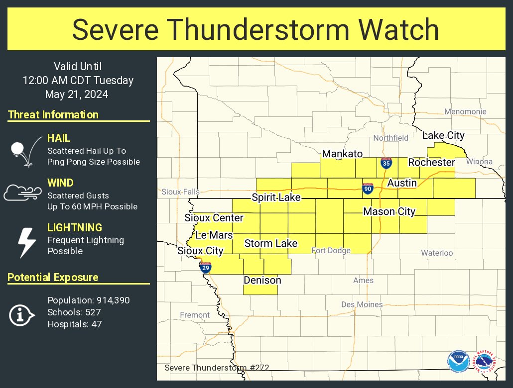 A severe thunderstorm watch has been issued for parts of Iowa and Minnesota until 12 AM CDT