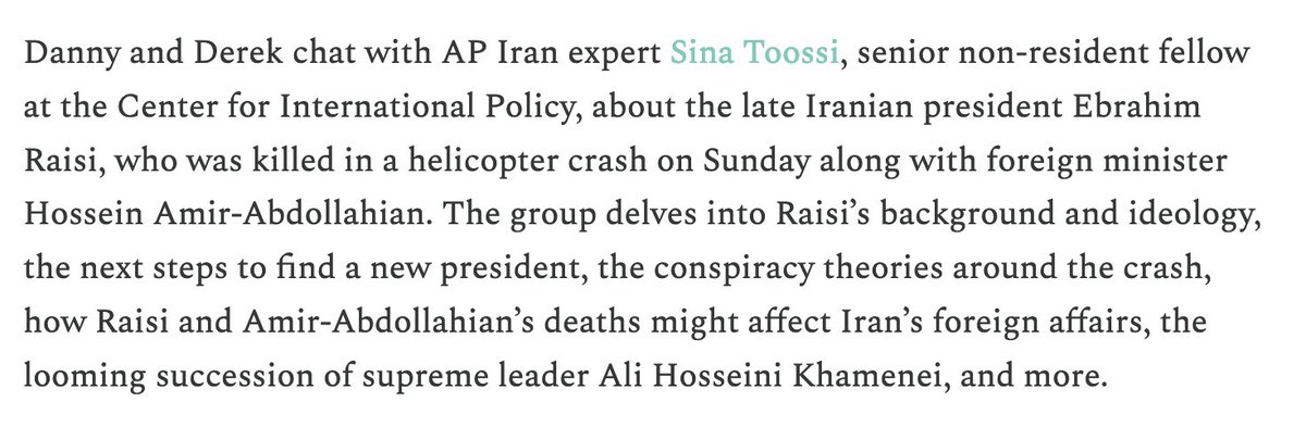Special - The Death of Ebrahim Raisi w/ @SinaToossi Danny and Derek sit down with Sina Toossi to discuss the death of Iranian president Ebrahim Raisi— the circumstances around the deadly crash, the foreign policy implications, and all the rest of it. americanprestigepod.com/p/special-the-…