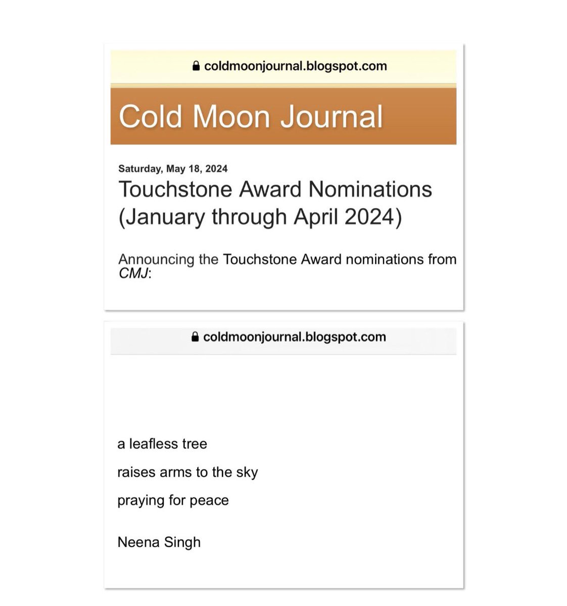 Thanks to dear Robin Jacobson, Editor, #ColdMoon Journal, for the publication of my haiku on 18th May and it’s nomination for the Touchstone Award. 

I am deeply touched and grateful!