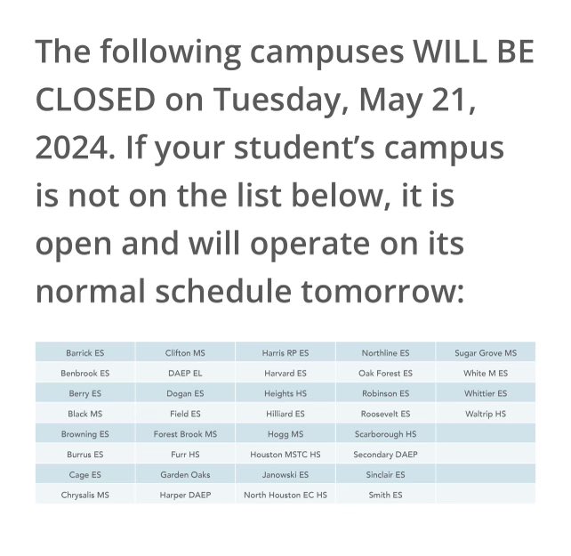 Attention Brahmans, Here is an update on school closures. Our campus will be closed tomorrow, Tuesday, May 21.