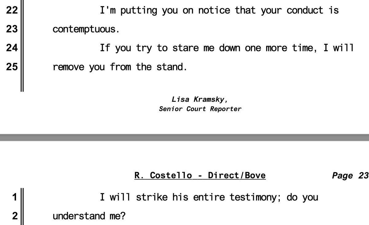 AyshaBagchi's tweet photo. 1/ An evening transcript shows what took place when reporters were forced out of the courtroom in former President Trump's criminal trial this afternoon. Judge Merchan threatened to remove Trump witness Robert Costello from the stand and strike all his testimony: https://t.co/hg6yvJnfY9