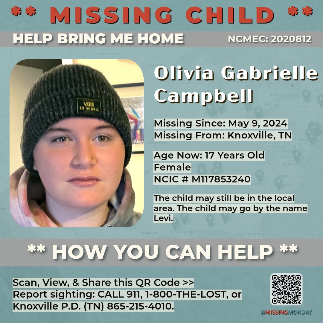 Please help us find Olivia Campbell, 17, this #MissingMonday, who was last seen May 9, 2024 in Knoxville, TN. Please call @Knoxville_PD at 865-215-4010 or @NCMEC at 1-800-THE-LOST if you have any information. missingkids.org/poster/NCMC/20…