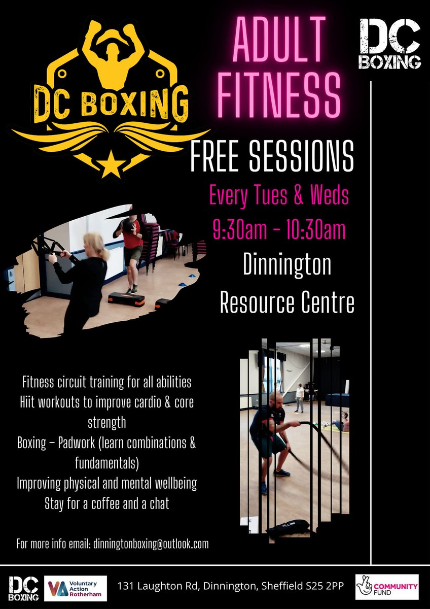 #tuesdaymotivation 

#FREE adult fitness sessions @dcboxingfitness 
⏰9.30 - 10.30am

All abilities; improve fitness, well being & mental health.

#talkandtrain #endthestigmaofmentalhealth #fightthestigma #hiitworkout #circuittraining #boxing #padwork #peersupport @VARotherham