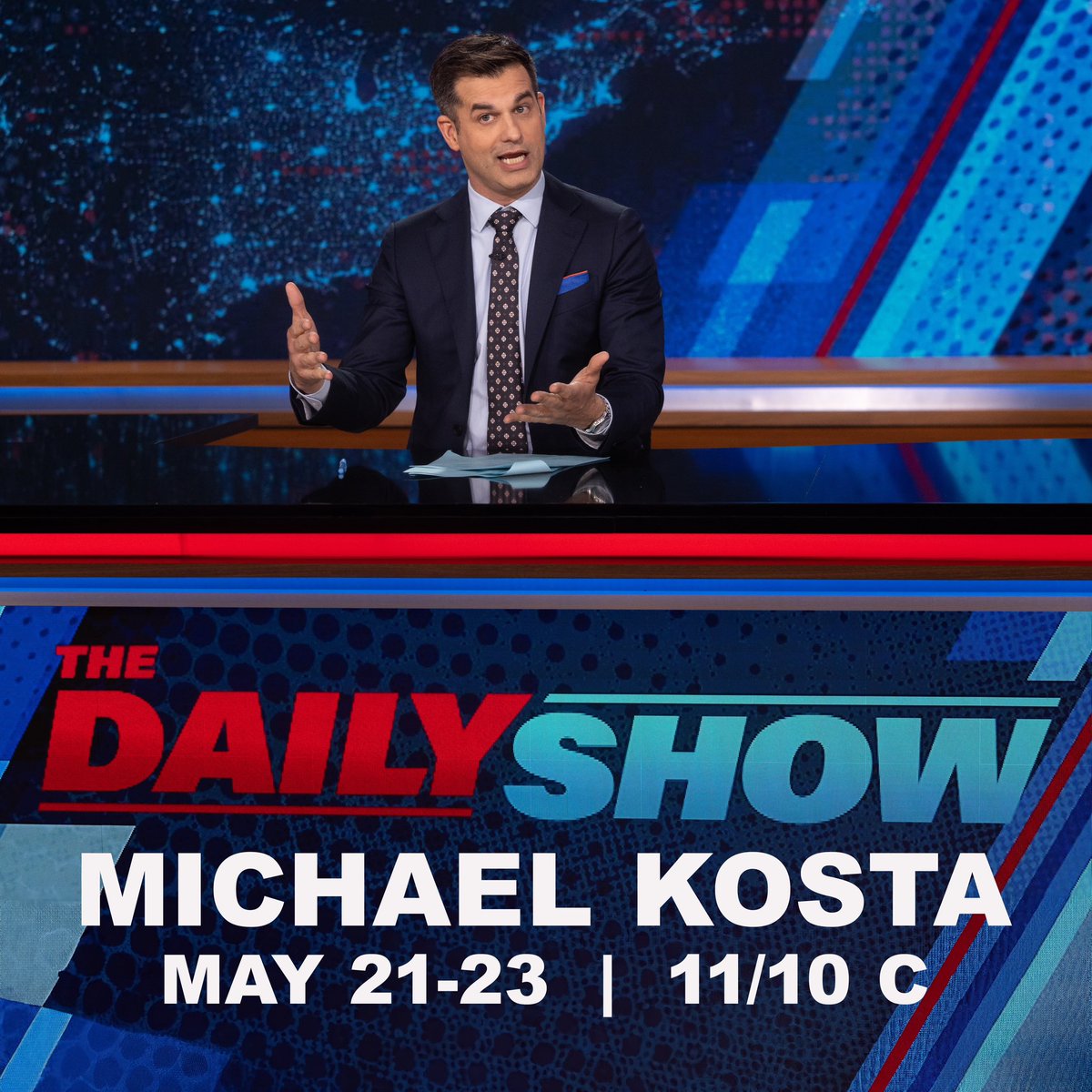 Honored to be back hosting @TheDailyShow this week. Hopefully there will be some news to cover.  #TheDailyShow #MichaelKosta