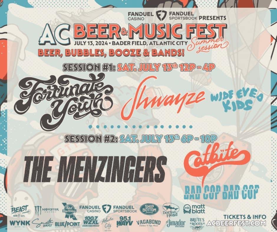 The 🎵 for “Summer Sessions” is set! We’re so ready for these 🔥 acts to take our seaside city by storm!☀️

🍻Sess 1: Fortunate Youth, Shwayze &amp; the Wide Eyed Kids

🍻Sess 2: The Menzingers, Catbite &amp; Bad Cop / Bad Cop 

Tix on sale now! Don’t miss out! 👉 acbeerfest.com