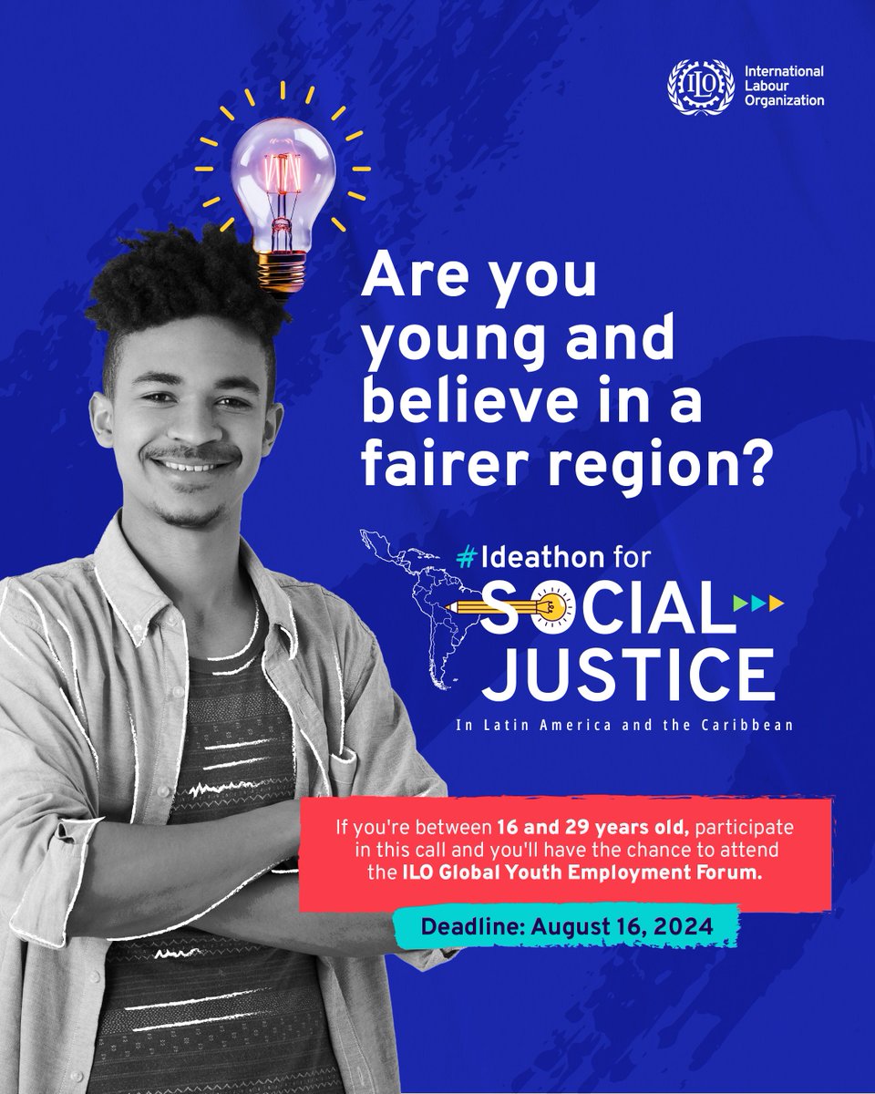 🌎We’re inviting young people across Latin America and the #Caribbean to join the ILO #IdeathonForSocialJustice ‼️ Share your innovative ideas💡 to address the major challenges faced by young people to achieve #SocialJustice Find out more 👇ilo.org/resource/news/…